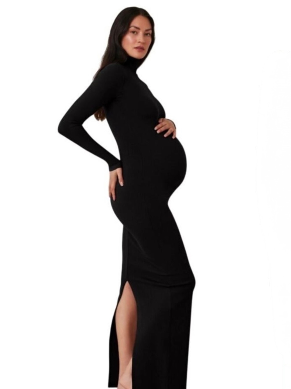 Bumpsuit Maternity Dress M Black Turtleneck Ribbed Knit Comfort Maxi Minimalist